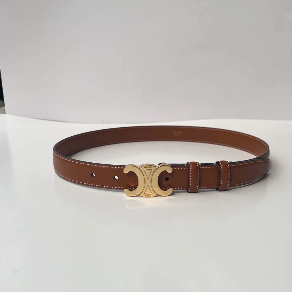 Celine Tan Leather Belt with Gold Triomphe Buckle size 80